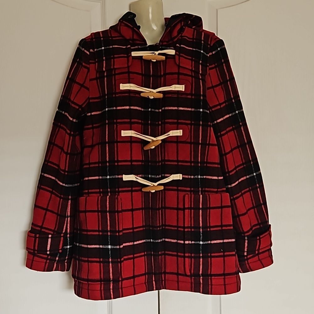 Gap Wool Blend Buffalo Plaid Hoodie Coat With Toggle Buttons Small Red & Black